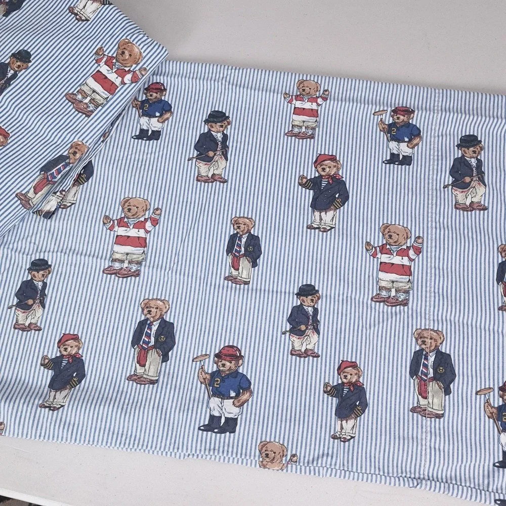 Ralph Lauren Polo Bear Pillowcase Flat Sheet 2 Piece Set Twin Blue Striped Rugby